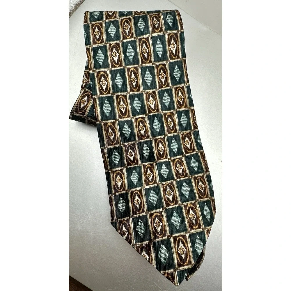 Vito Rufolo Silk Tie Mens Geometric Diamond Floral Teal Brown Handmade Italy